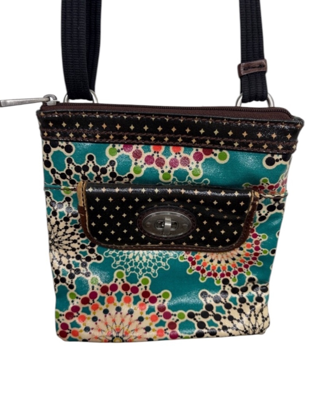 Fossil Key-Per Teal Brown Dotted Rectangular Coated Canvas Crossbody BLEMISH